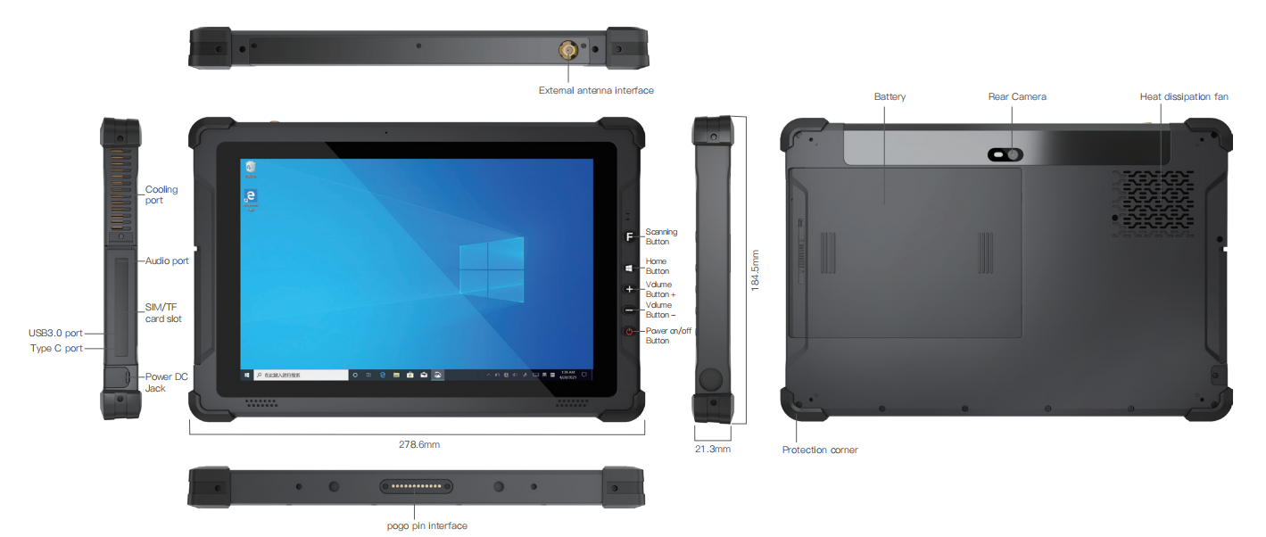 Sechs Ansichten von 10.1'' Intel: EM-I12U Rugged Tablet
